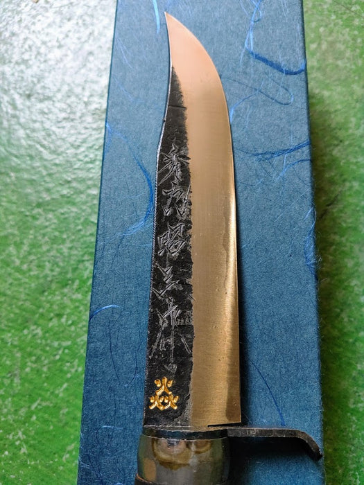 Shuzon Shozo Blue Forged Ken-nata Double-edged Hunting Knife 135 mm w/ Black Leather Sheath