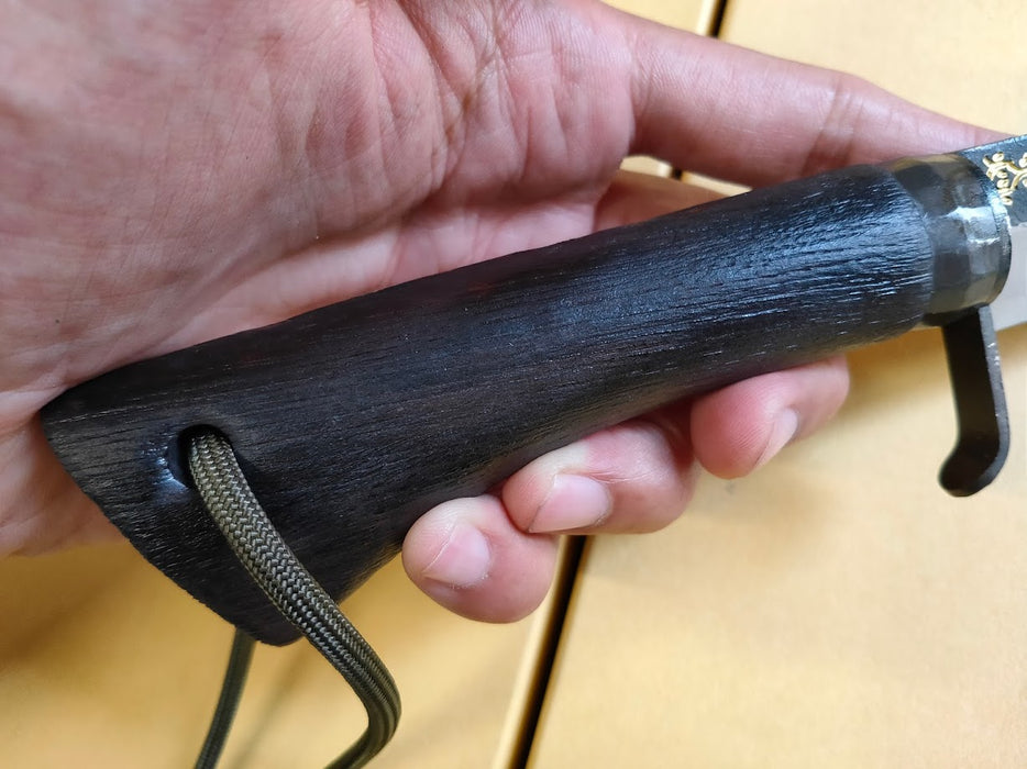Shuzon Shozo Blue Forged Ken-nata Double-edged Hunting Knife 135 mm w/ Black Leather Sheath
