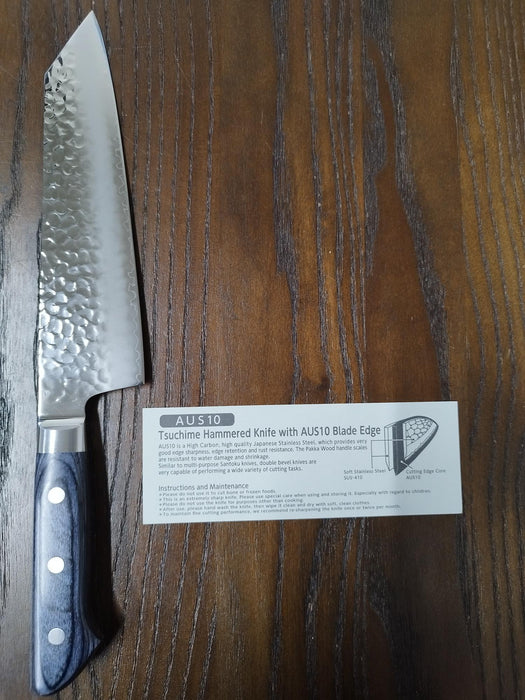 AUS10 Hammered Kiritsuke Santoku 195mm Navy Blue Plywood Handle