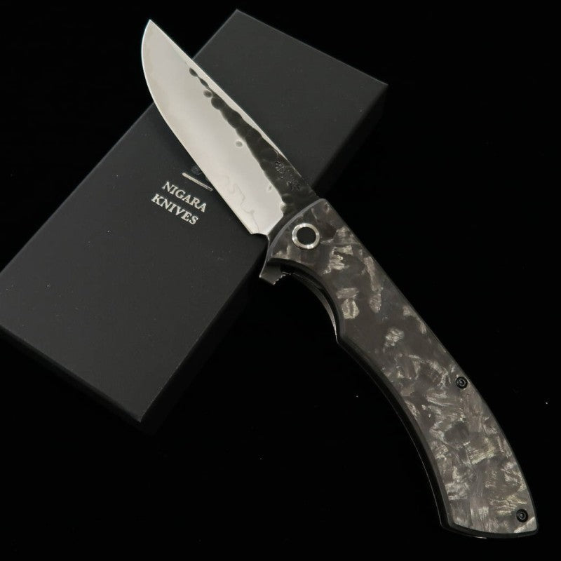 Nigara Folding Knife SG2 Black Hammered Blade Carbon Handle Blade Length 100 mm