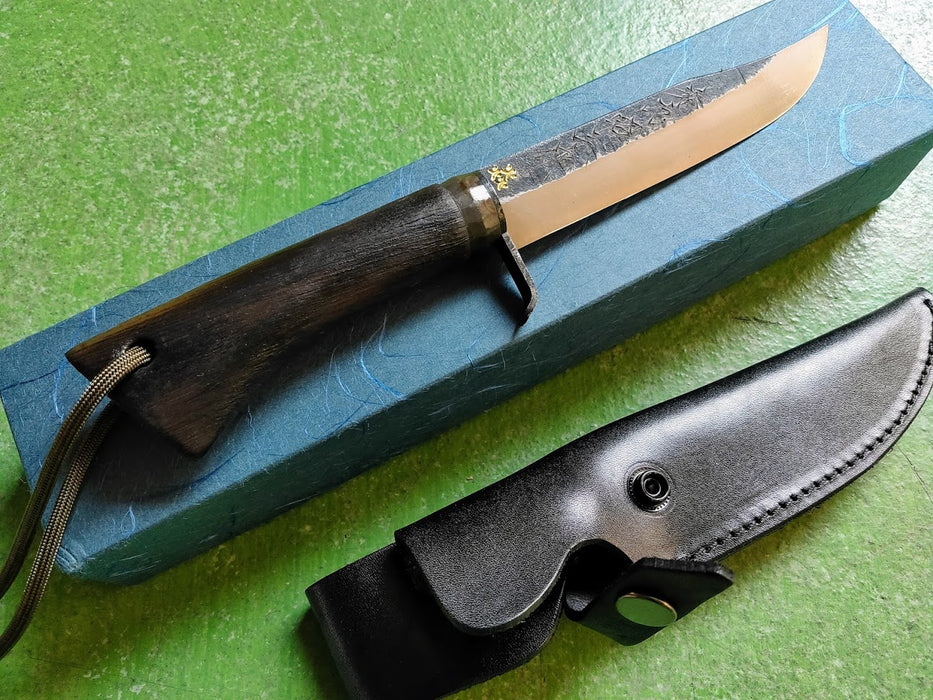 Shuzon Shozo Blue Forged Ken-nata Double-edged Hunting Knife 135 mm w/ Black Leather Sheath